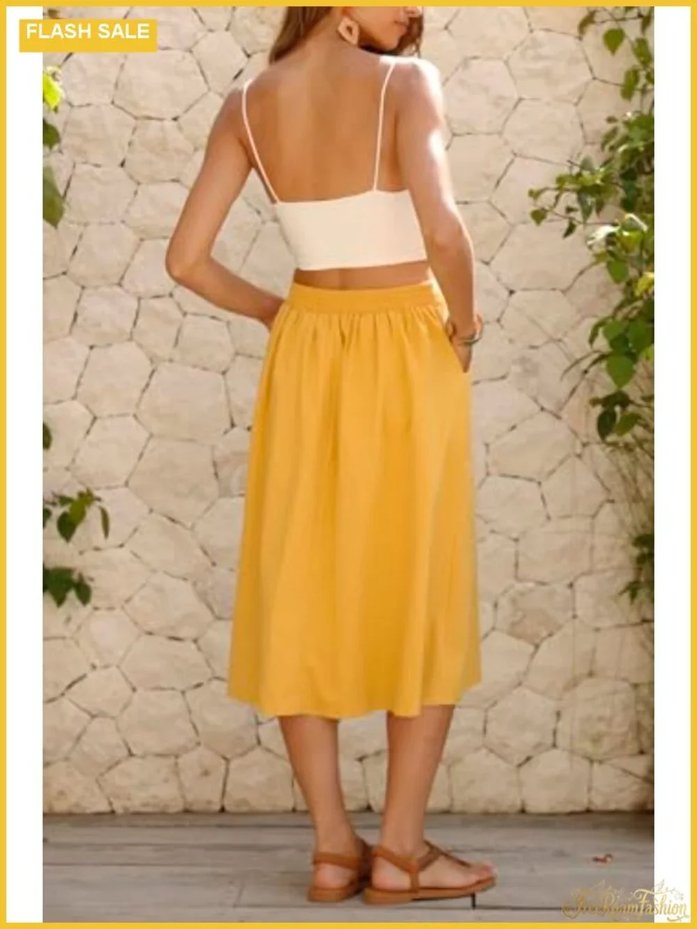 Women's A-Line Midi Skirt with Pockets | High Waisted Button Front | No Stretch